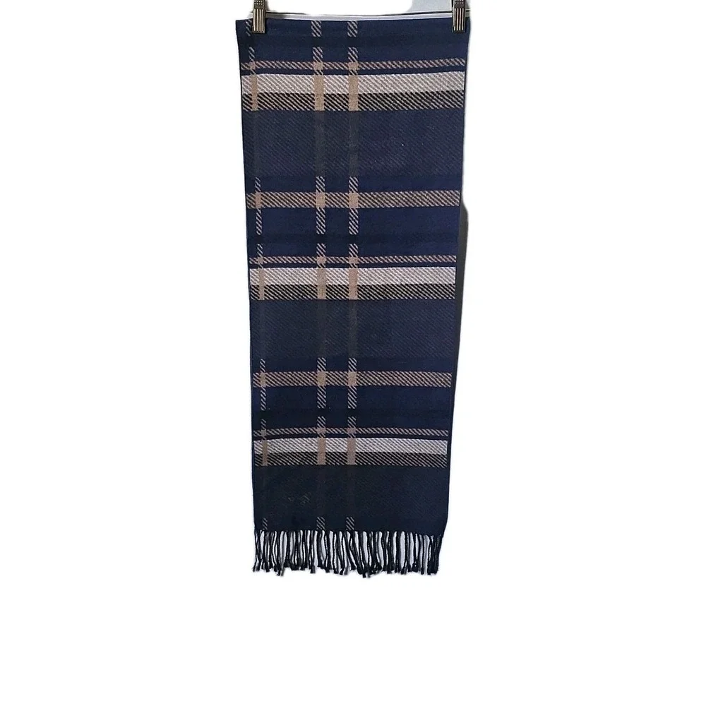 Club Room Men's 100% Silk Plaid Rectangle Scarf w/ Fringe Blue Tan Black
